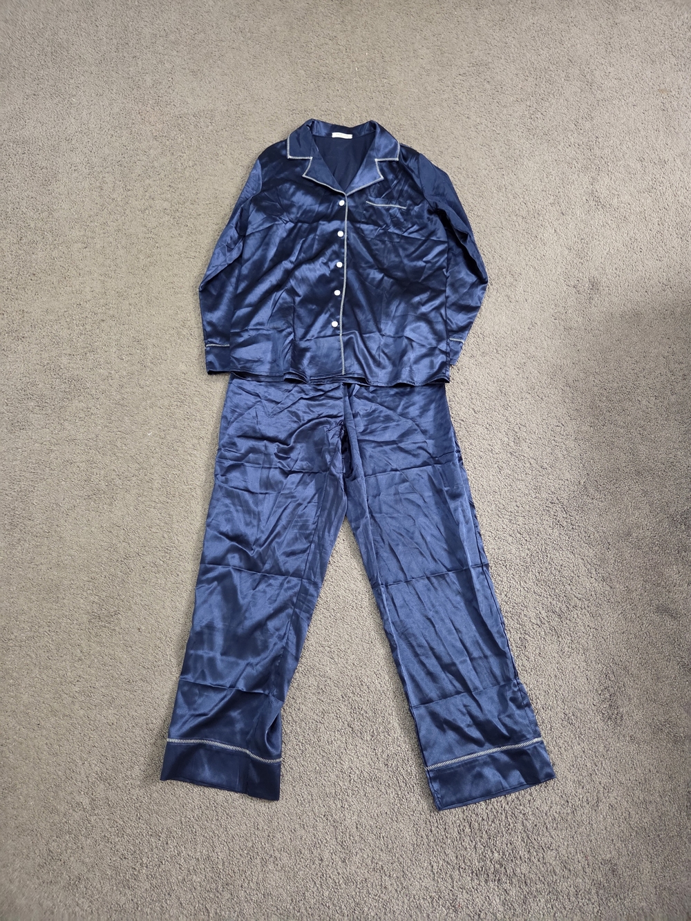 Classic Women's Navy Satin Pajama Set with Piping